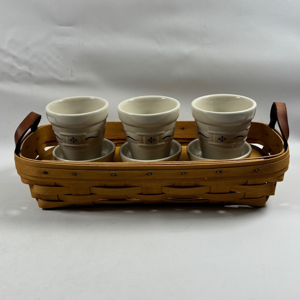 Vintage Longaberger Flower Pot Basket Set 3 Pots Wood Stand Riser Herb Planters